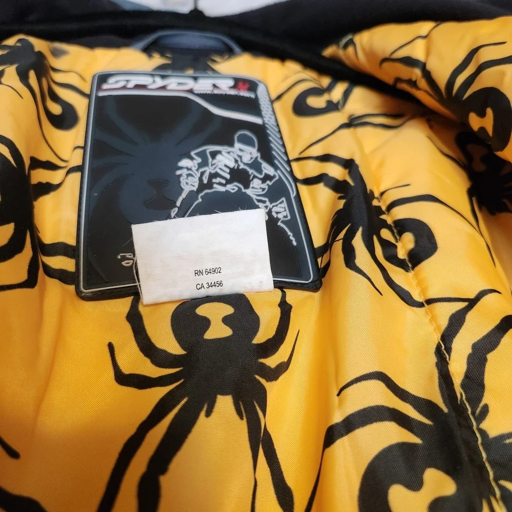 Spyder Ski Jacket Boys Size 12 Black Yellow Grey Insulated Hooded Winter Coat